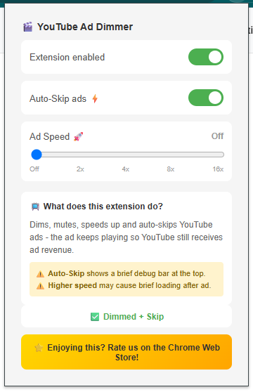 YouTube Ad Dimmer Extension Popup UI